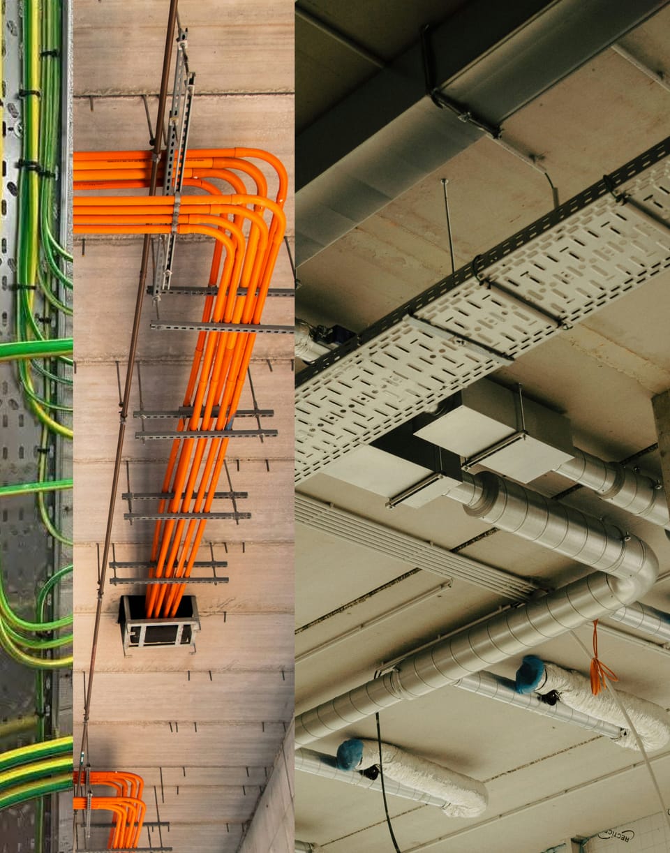 Eletrodutos, cabos e eletrocalhas instalados no teto de uma obra